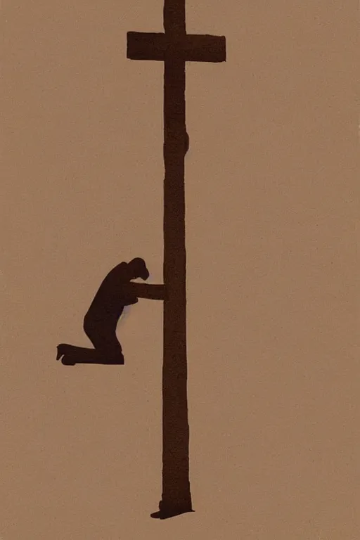 Prompt: man kneeling at the base of a wooden cross, 1960’s minimalist advertising illustration, painterly