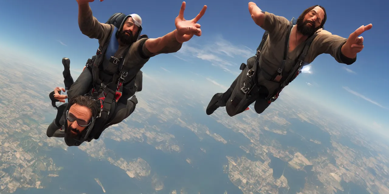 Image similar to Jesus taking a selfie while skydiving, gta artstyle, hyperdetailed, artstation, accurate, octane render, 8k