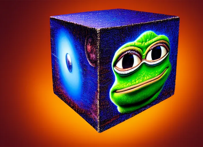 Prompt: hyper realistic detailed image of large tungsten metallic cube pushed by pepe the frog up the hill slope, by ayami kojima, amano, beeple, greg hildebrandt, and mark brooks, mystical, rich deep colors, cinematic light, long cinematic shot, extremely detailed, very coherent symmetrical artwork, 8 k