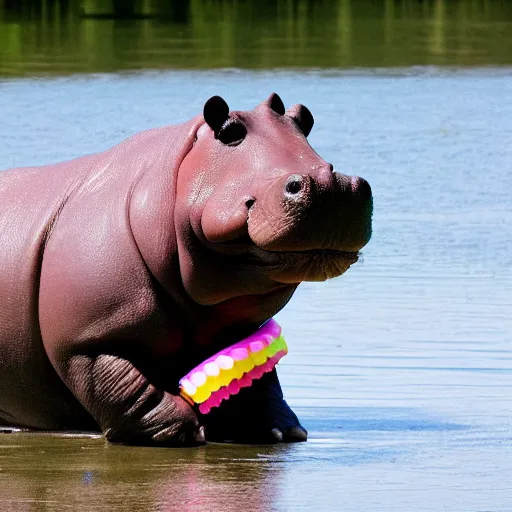 Image similar to photo of an hippo wearing a tutu under a rainbow