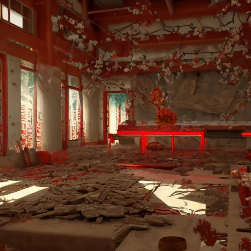 Image similar to destroyed old shintoist temple interior, detailed, jewelry, sakura,photograph, award wining, red and white, trending on artstation, 4k, unreal engine 5, octane render, neon highlights