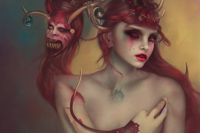 Image similar to pretty demon girl with horns photograph in the style of tom bagshaw, colorful, realistic, 8 k