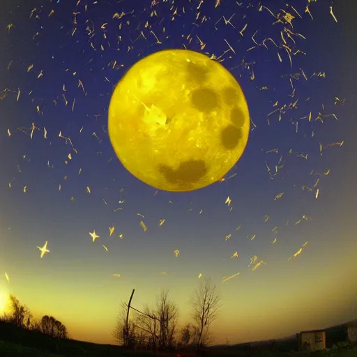 Prompt: huge harvest moon, shooting star