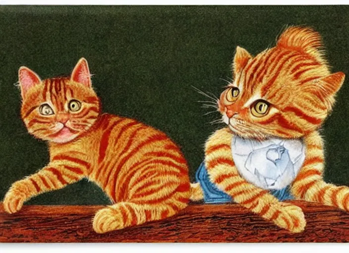 Image similar to a small ginger tabby cat by dr. seuss and louis wain