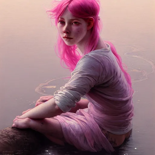 Image similar to Portrait of a girl with pink hair, sitting at the edge of a river, face, detailed, intricate, elegant, highly detailed, digital painting, artstation, concept art, smooth, sharp focus, illustration, art by Krenz Cushart and Artem Demura and alphonse mucha