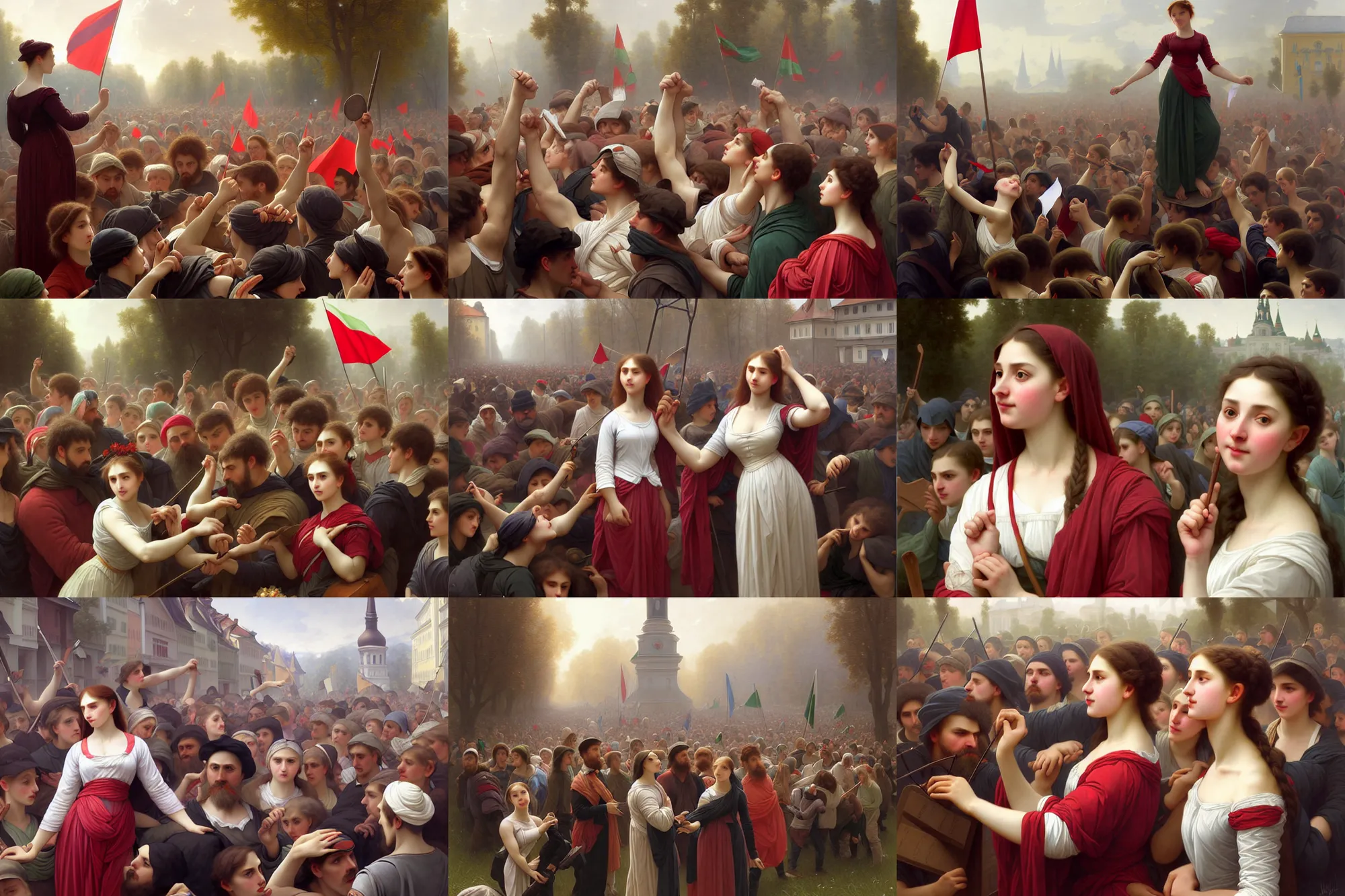 Prompt: depiction of belarusians protest for fair and free elections, illustration by mandy jurgens and william adolphe bouguereau, artgerm, 4 k, digital art, surreal, highly detailed, artstation, digital painting, concept art, smooth, sharp focus, illustration by mandy jurgens and william adolphe bouguereau