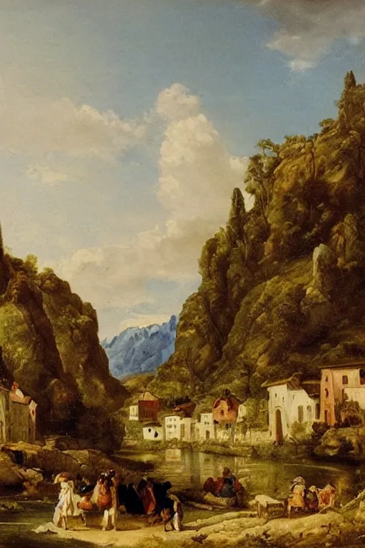Prompt: a beautiful oil painting of a quaint village with mountains by Bartolomé Esteban Murillo