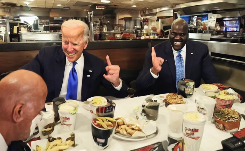 Prompt: a photo of joe biden at papa john's with shaquille o'neal