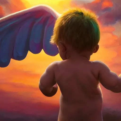 Prompt: a baby hulk with wings, flapping its wings flying in sunset sky, oil on canvas, portrait, intricate, 8k highly professionally detailed, HDR, CGsociety