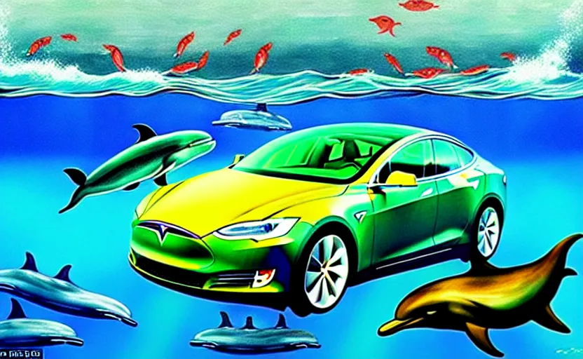 Image similar to a surreal colourful painting of a tesla car underwater surrounded by dolphins