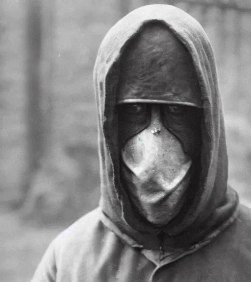 Prompt: a man at distance wearing hooded mask covering his entire face, ww1 film photo, grainy, high detail, high resolution