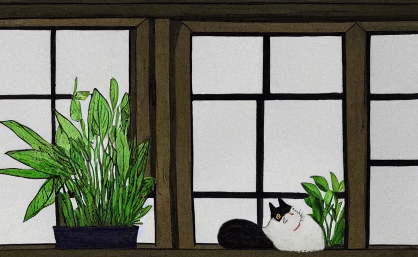 Image similar to sleeping cat on window, inside house in village, plants, divisionism style