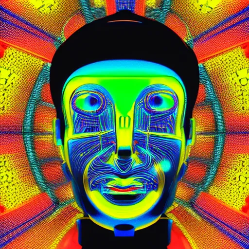 Image similar to hyperdetailed portrait of a futuristic atompunk robot head, 8 k, symetrical, flourescent colors, halluzinogenic, multicolored tshirt art, black background