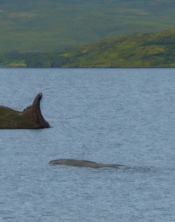 Prompt: an alleged photo of loch ness monster taken from very far away and zoomed in blurry hard to tell colorized