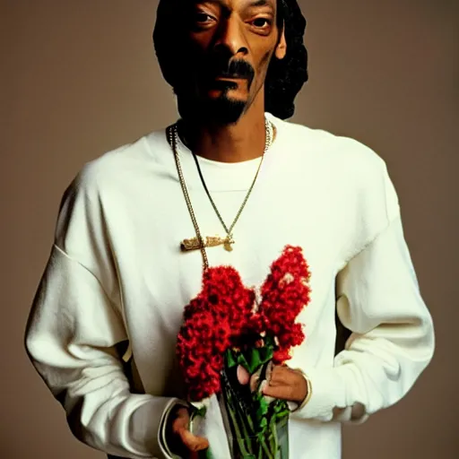 Prompt: Snoop Dogg angry while holding a Vase of flowers for a 1990s sitcom tv show, Studio Photograph, portrait, anger C 12.0