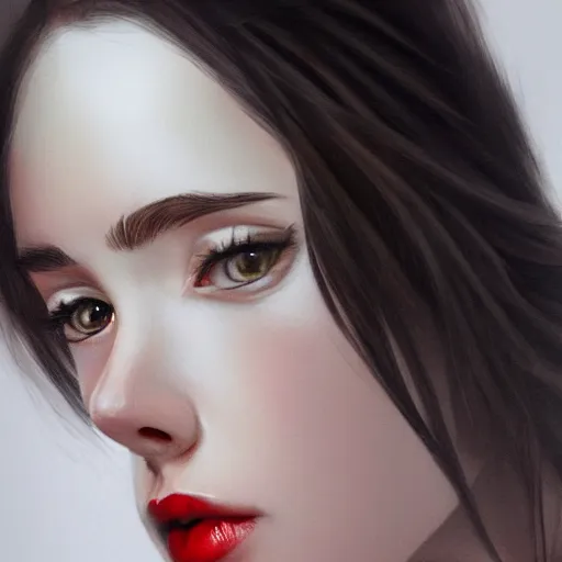 Image similar to a realistic illustration portrait of a beautiful cute girl with wavy black red hair, a pointy nose and, round chin black eyeliner, trending on artstation, intricate sift lighting, realistic