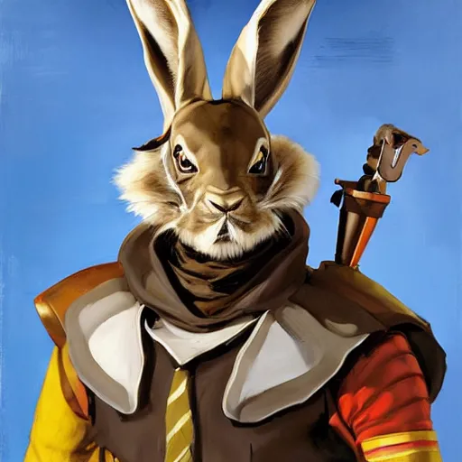 Image similar to greg manchess portrait painting of armored march hare from alice in wonderland as overwatch character, medium shot, asymmetrical, profile picture, organic painting, sunny day, matte painting, bold shapes, hard edges, street art, trending on artstation, by huang guangjian, gil elvgren, ruan jia, randy vargas, greg rutkowski