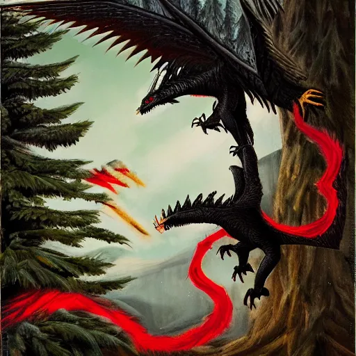 Image similar to a black eagle with red eyes and an ethereal white dragon fighting each other over a spruce tree forest