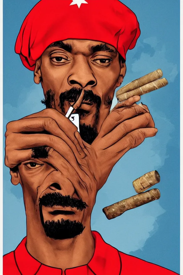 Image similar to an epic socialist realism poster of communist snoop dogg in a red beret smoking a blunt for the proletariat