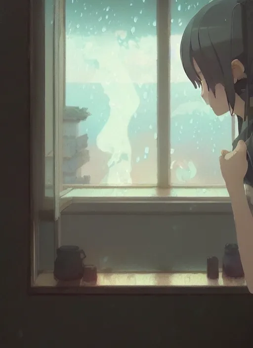 Prompt: interior, near the window, focus the window, rainy outside the room, illustration concept art anime key visual trending pixiv fanbox by wlop and greg rutkowski and makoto shinkai and studio ghibli