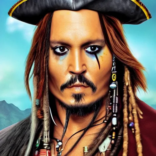 Image similar to johnny depp as jack sparrow with a parrot on the shoulder, realistic portrait, 8k resolution, hyper detailed, studio lighting, cinematic