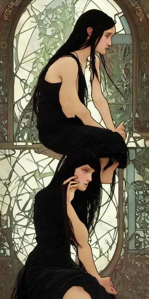 Image similar to a lonely young girl with straight long black hair wearing black dress that sitting on bathroom floor, art by artgem, greg rutkowski and alphonse mucha