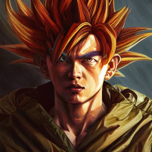 Prompt: scifi character portrait Painting of a goku, dystopian mood, intricate, wild, highly detailed, digital painting, artstation, concept art, smooth, sharp focus, illustration, art by artgerm and greg rutkowski and alphonse mucha