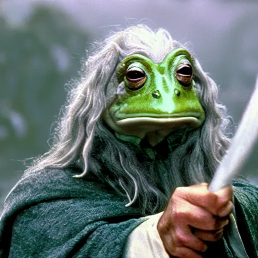 Image similar to gandalf as a frog, lord of the rings, movie film still, 4 k, cinematic, beautiful light