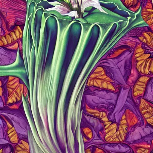 Image similar to close relationship between datura stramonium and men, mythical full of symbolism picture, hyper detailed, hyper realistic, warm colours, symbiosis