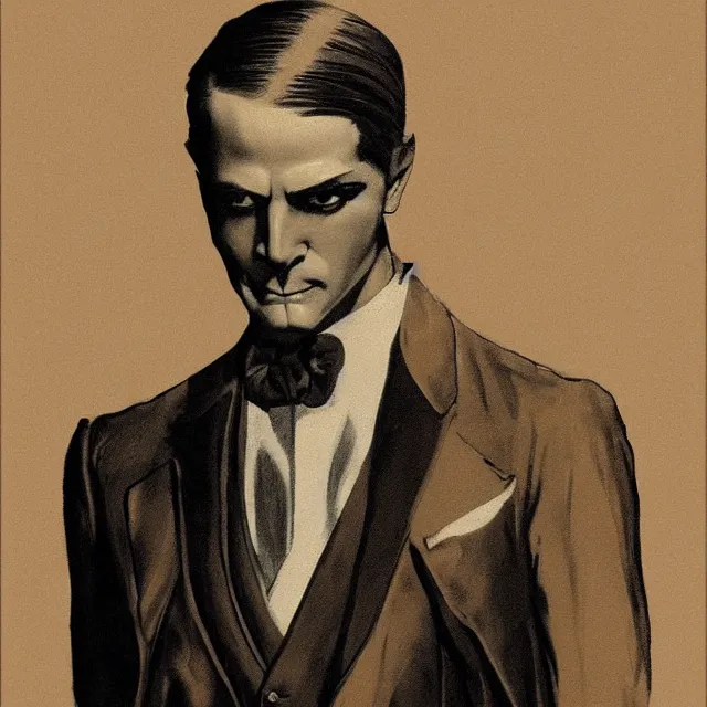 Image similar to photorealistic sepia full - head portrait of a 1 9 2 0 s era smirking male occultist, well dressed, long - tailed tuxedo coat, atmospheric lighting, dark, brooding, painted, intricate by frank frazetta, ultra detailed, well composed, best on artstation, cgsociety, epic, stunning, gorgeous, intricate detail, much wow, masterpiece