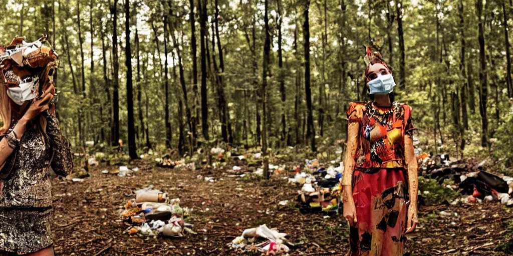 Prompt: a woman with a mask made of garbage and junk in a forest, golden hour, vogue magazine