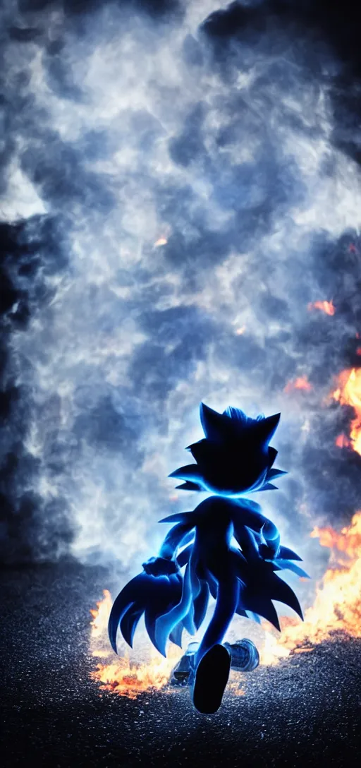 Image similar to Dark gray and blue smoke in the shape of Sonic the hedgehog, coming from a burning SEGA dreamcast. Dramatic shot, cinematic, epic lighting, low angle medium shot, 35mm