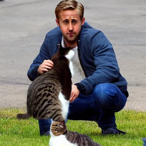 Image similar to ryan gosling getting mugged by a cat