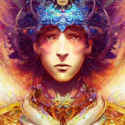 Image similar to a metaphysical flower king, mystical cosmic messenger, 4 k digital illustration by artgerm, wlop, james jean, andrei riabovitchev, marc simonetti, yoshitaka amano, artstation, cgsociety