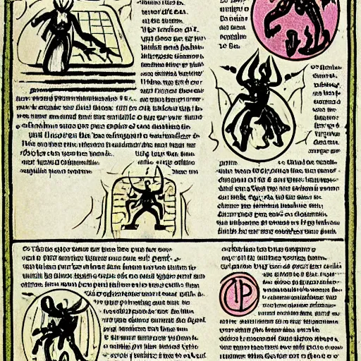 Prompt: page from an illustrated manual of demon summoning best practices, scholastic, colorful, diagrams, hi - res scan