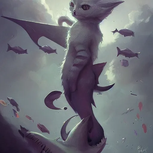 Image similar to cute cat with shark tail, smooth, artstation, digital illustration by Ruan Jia and Mandy Jurgens and Artgerm and Wayne Barlowe and Greg Rutkowski and Zdislav Beksinski