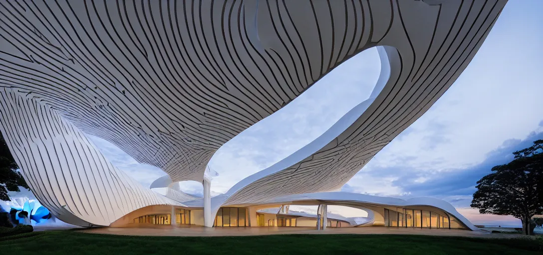 Prompt: sculptural curved roof planes lift and descend creating shade and architectural expression, boolean subtraction dramatic void form, highly detailed, vivid color, mist, dusk