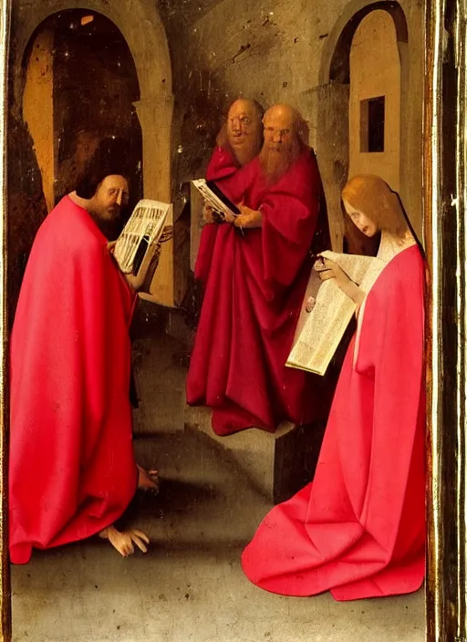 Image similar to fallen angels dressed in red reading the bible and arguing in Tuscany by Jan van Eyck, Hieronymus Bosch, Johannes Vermeer 4k post-processing, highly detailed medieval painting