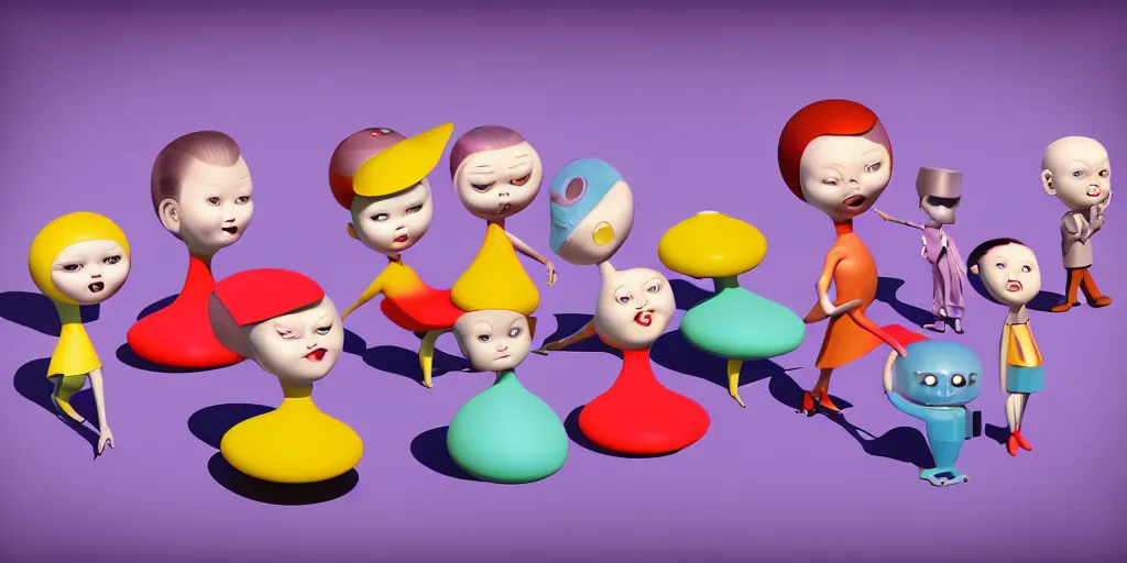 Prompt: Smooth Colorful Digital Painting by Mark Ryden in a 1950s atom-age Jetsons cartoon playground, a group of 3D retro smiling dancing plastic children and robots, symmetrical faces; Photorealistic Wide-Shot OctaneRender, ambient occlusion, subsurface scatter, radiosity, trending on Artstation H 768