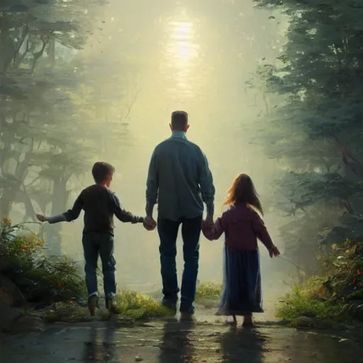 Prompt: epic masterpiece of cinematographic hyperrealism where a family of 3 happy people appears in an advanced technological world. realistic shaded lighting poster by craig mallismo, artgerm, jeremy lipkin and michael garmash, unreal engine, radiant light, detailed and intricate environment, digital art, art station trends