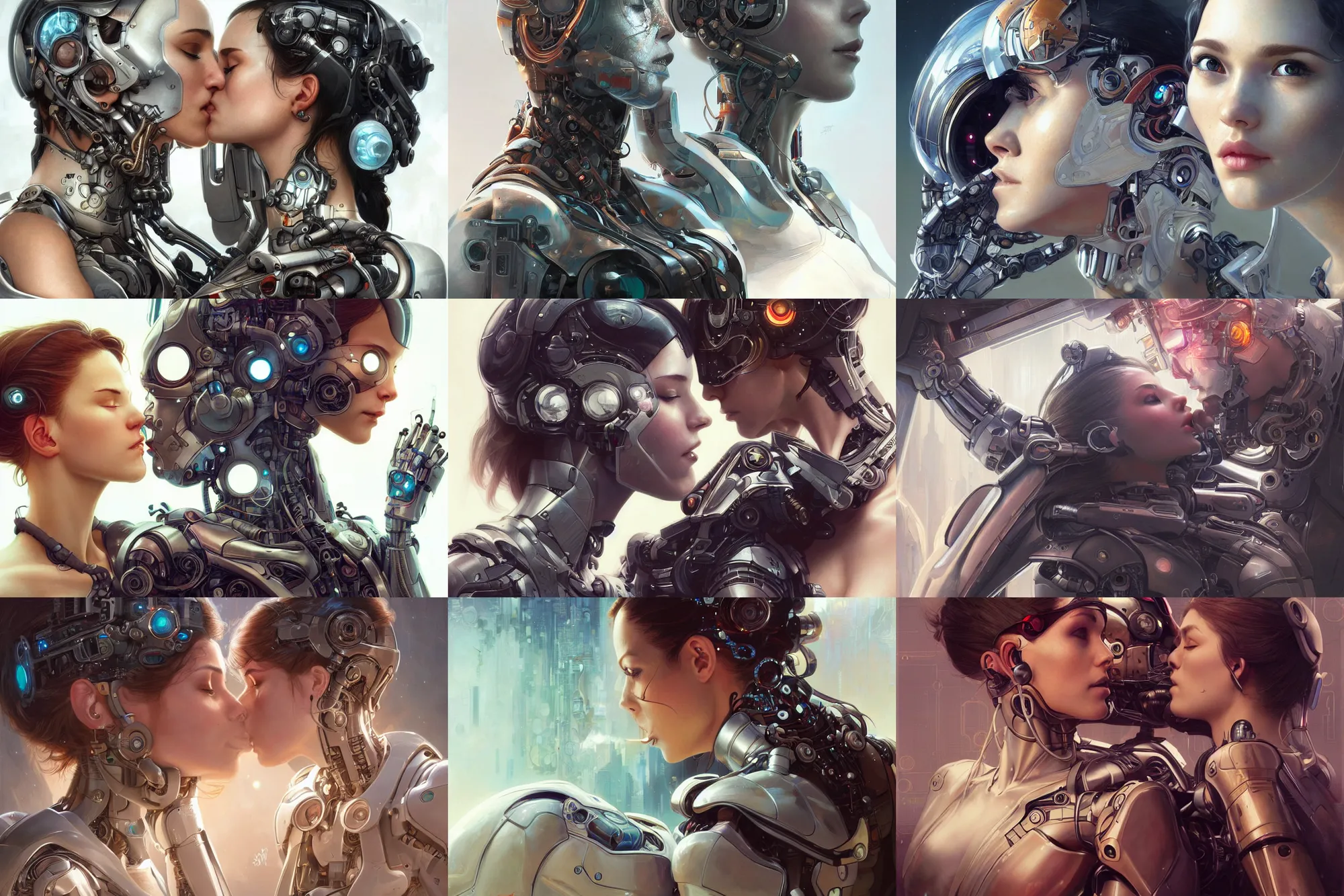 Prompt: Ultra realistic illustration, woman, cyborg and robot kissing each other + faces, cyberpunk, sci-fi, fantasy, intricate, elegant, highly detailed, digital painting, artstation, concept art, smooth, sharp focus, illustration, art by artgerm and greg rutkowski and alphonse mucha
