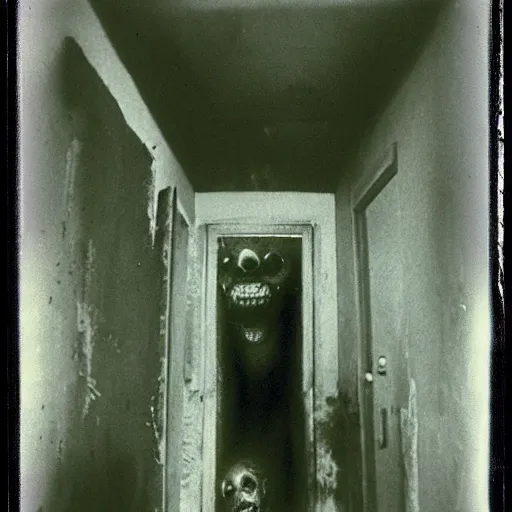 Image similar to a terrifying fungus zombie at the end of a hallway, dark!, creepy, nightmare fuel!!!, horror, horrifying, unsettling, uncanny valley!, old polaroid, expired film,