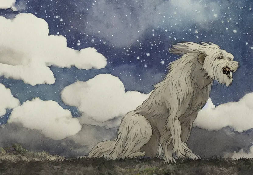 Image similar to a hyperrealist watercolor concept art from a studio ghibli film showing one giant grey griffon. a temple is under construction in the background in india on a misty and starry night. by studio ghibli. very dull muted colors