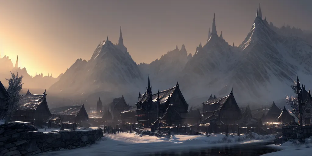 Image similar to a professional concept art of whiterun from skyrim, morning time, designed by john j park, cinematic camera shot, winter setting, trending on artstation, extremely detailed, perfect studio quality, cgi