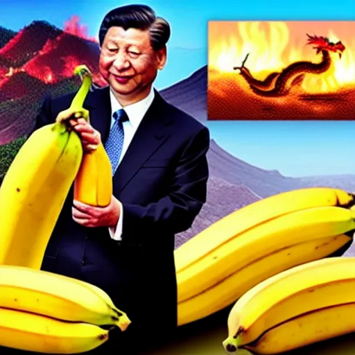 Image similar to Chinese president with bananas in hand in epic stance fighting dragon on flaming mountain, bananas weapon, painting, epic