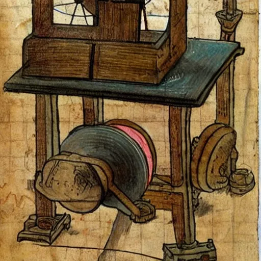 Image similar to vintage, detailed, colored sketch of time machine instruction, all parts, with full descriptions, on old parchment, by leonardo da vinci