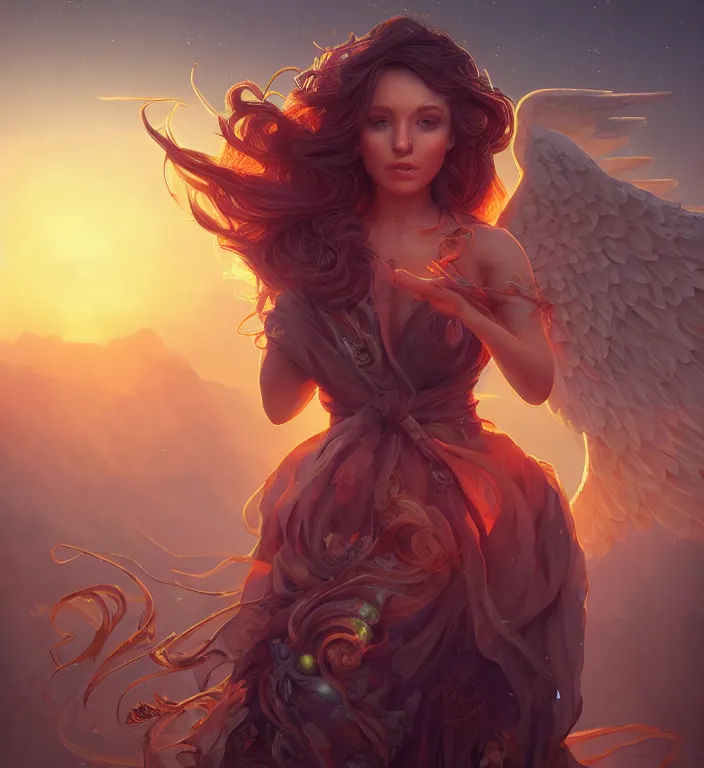 Image similar to centered waist up portrait photography an angel + bokeh + DOF + 8k, photorealistic + rendered in unreal engine + colors and composition by Peter Mohrbacher + line work by Dan Mumford , ultra realistic + backlit + strong rimlight, sunset,