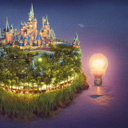 Image similar to the disney castle surrounded by giant palm trees on a giant floating island in the sky at night, a huge light bulb illuminates the island from above, cinematic, digital art by erik johansson, 8 k resolution, hyper detailed, sharp focus