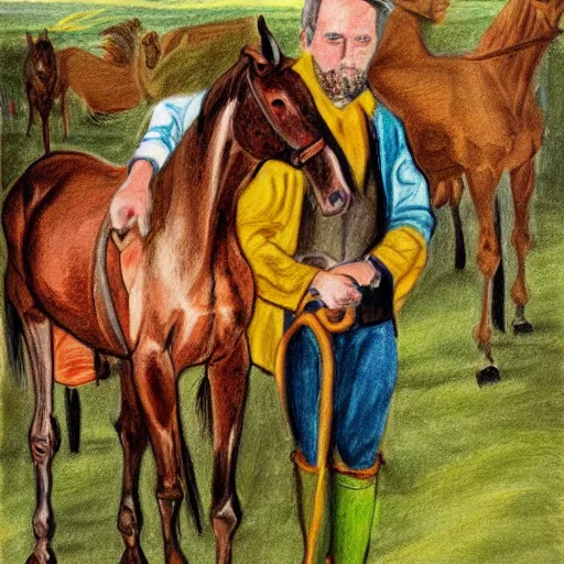 Image similar to colorful drawing of an irishman surrounded by many horses