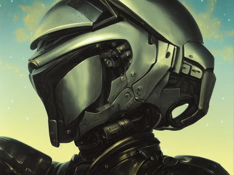 Image similar to a detailed profile painting of a bounty hunter in armour and visor, cinematic sci-fi poster. Flight suit, anatomy portrait symmetrical and science fiction theme with lightning, aurora lighting clouds and stars. Clean and minimal design by beksinski carl spitzweg and tuomas korpi. baroque elements. baroque element. intricate artwork by caravaggio. Oil painting. Trending on artstation. 8k